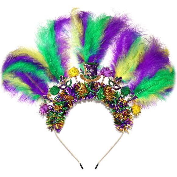 Accessories - Mardi Gras Headband Women Feather Sparkly Tinsel Festive Parade Accessory